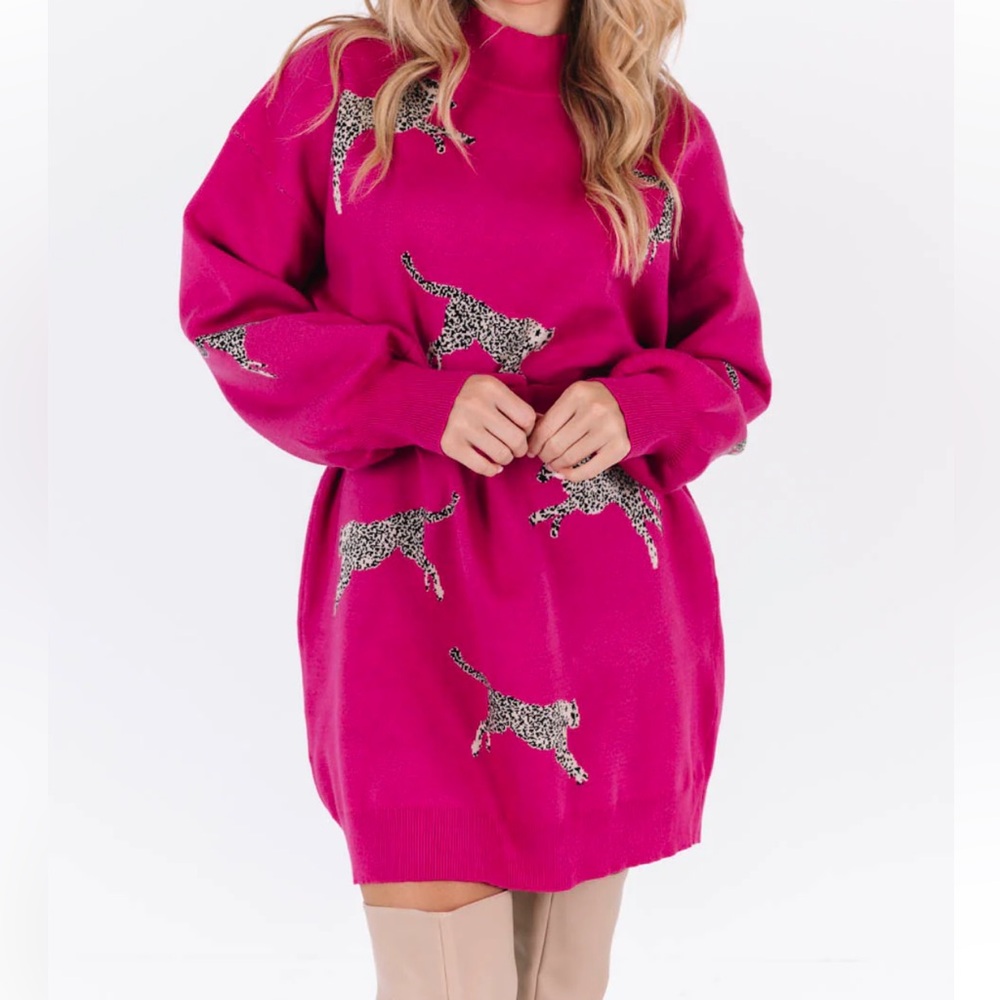 Leopard Sweater Dress - Hot Pink